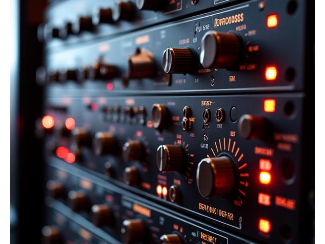 Ein Rack mit professionellem Signalverarbeitungs-Equipment wie Kompressoren, EQs und Effektgeräten.